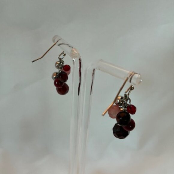 Earrings - silver tone with clusters of brown and burgundy beads - Picture 2 of 4